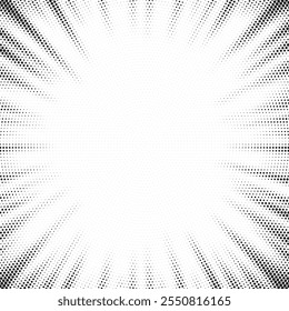 Abstract halftone sunburst background. Pop art comic book strip cover design. Explosion, isolated retro style comics radial background.