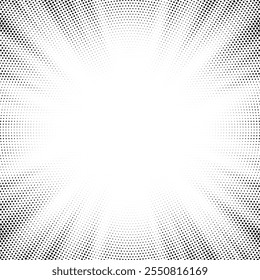 Abstract halftone sunburst background. Pop art comic book strip cover design. Explosion, isolated retro style comics radial background.