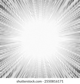 Abstract halftone sunburst background. Pop art comic book strip cover design. Explosion, isolated retro style comics radial background.