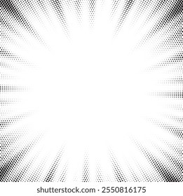 Abstract halftone sunburst background. Pop art comic book strip cover design. Explosion, isolated retro style comics radial background.