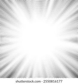 Abstract halftone sunburst background. Pop art comic book strip cover design. Explosion, isolated retro style comics radial background.