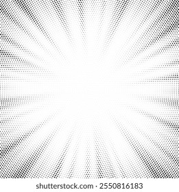 Abstract halftone sunburst background. Pop art comic book strip cover design. Explosion, isolated retro style comics radial background.