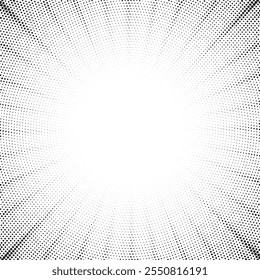 Abstract halftone sunburst background. Pop art comic book strip cover design. Explosion, isolated retro style comics radial background.