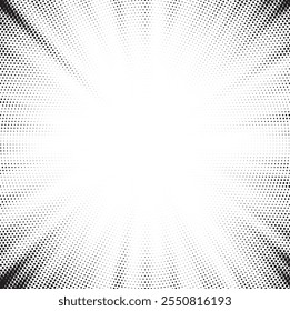 Abstract halftone sunburst background. Pop art comic book strip cover design. Explosion, isolated retro style comics radial background.