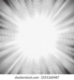 Abstract halftone sunburst background. Pop art comic book strip cover design. Explosion, isolated retro style comics radial background.