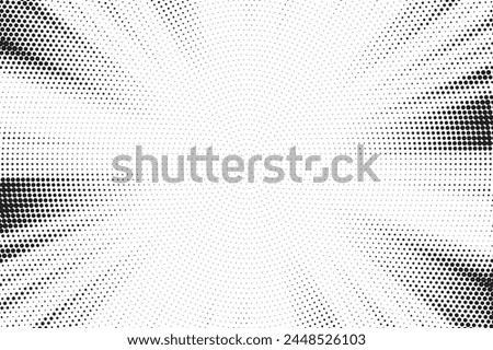Abstract halftone sunburst background. Pop art comic book strip cover design. Explosion, isolated retro style comics radial background.