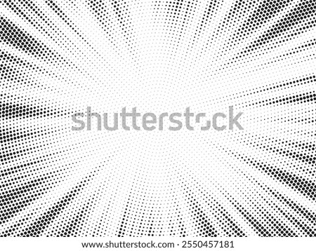 Abstract halftone sunburst background. Pop art comic book strip cover design. Explosion, isolated retro style comics radial background.