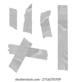 Abstract halftone tape shapes set in black and white. Grunge dotted adhesive strips and cross elements isolated on white background, modern collage texture for graphic design.