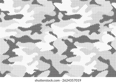 Abstract Halftone Texture Background. Half Tone Camouflage Effect Monochrome Pattern. Minimal Dynamic Dotted Wallpaper.
