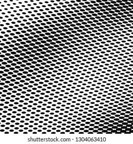 Abstract halftone texture of black dots on white background. The monochrome background is chaotic. Template for printing on posters, business cards, badges