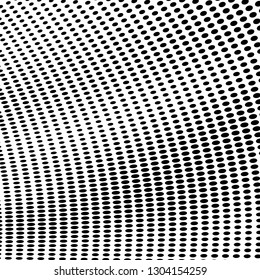 Abstract halftone texture of black dots on white background. The monochrome background is chaotic. Template for printing on posters, business cards, badges