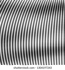 Abstract halftone texture of black dots on white background. The monochrome background is chaotic. Template for printing on posters, business cards, badges