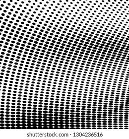 Abstract halftone texture of black dots on white background. The monochrome background is chaotic. Template for printing on posters, business cards, badges
