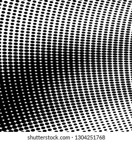 Abstract halftone texture of black dots on white background. The monochrome background is chaotic. Template for printing on posters, business cards, badges