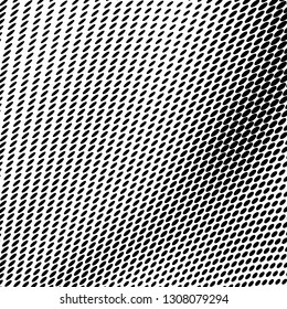 Abstract halftone texture of black dots on white background. The monochrome background is chaotic. Template for printing on posters, business cards, badges