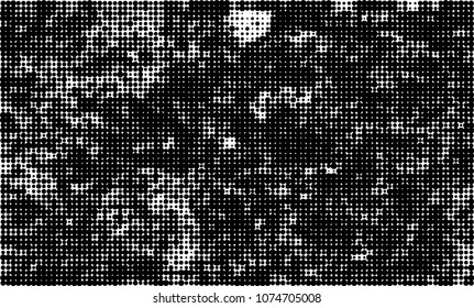 An abstract halftone texture. A chaotic pattern of black dots on a white background