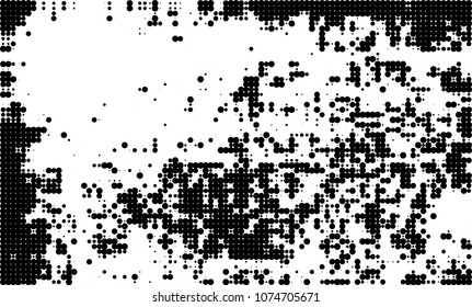 An abstract halftone texture. A chaotic pattern of black dots on a white background