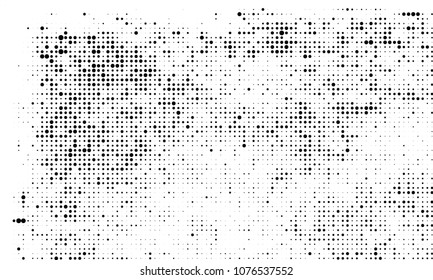 An abstract halftone texture. A chaotic pattern of black dots on a white background