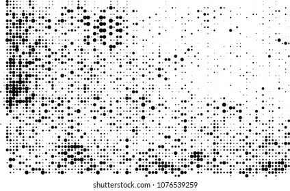 An abstract halftone texture. A chaotic pattern of black dots on a white background