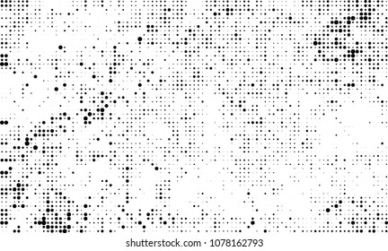 An abstract halftone texture. A chaotic pattern of black dots on a white background