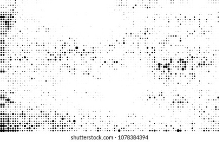 An abstract halftone texture. A chaotic pattern of black dots on a white background