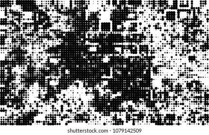 An abstract halftone texture. A chaotic pattern of black dots on a white background