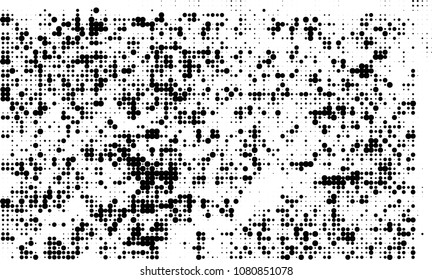 An abstract halftone texture. A chaotic pattern of black dots on a white background