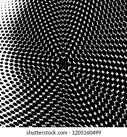 Abstract halftone texture. Chaotic pattern of black dots on white background. Futuristic grunge surface