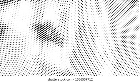 Abstract halftone texture. Chaotic waves of dots. Black and white background