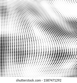 Abstract halftone texture. Chaotic waves of dots. Black and white background