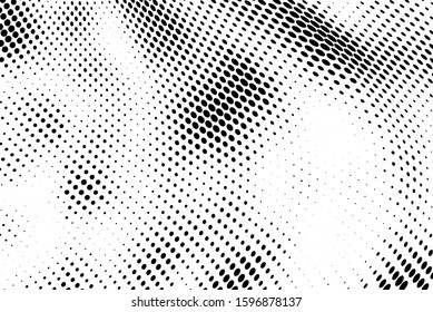 Abstract halftone texture. Chaotic waves of dots. Black and white background