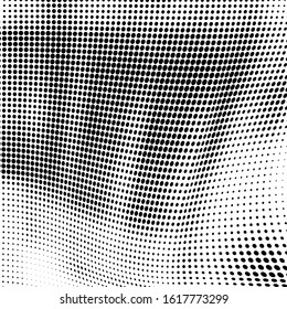 Abstract halftone texture. Chaotic waves of dots. Black and white background