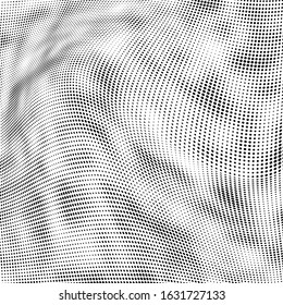 Abstract halftone texture. Chaotic waves of dots. Black and white background