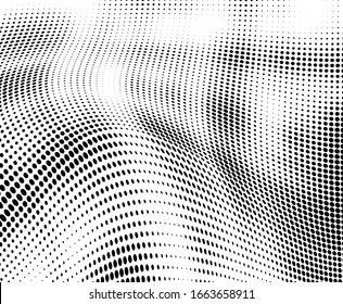 Abstract halftone texture. Chaotic waves of dots. Black and white background