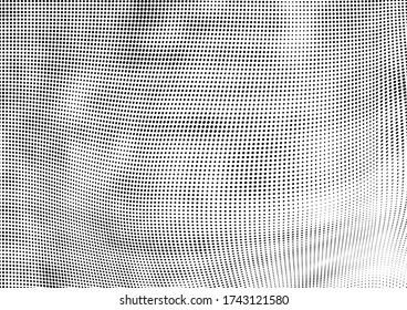 Abstract halftone texture. Chaotic waves of dots. Black and white background