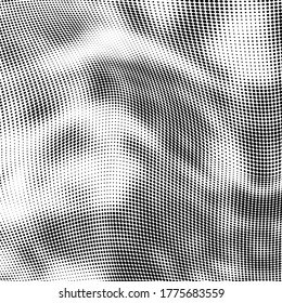 Abstract halftone texture. Chaotic waves of dots. Black and white background