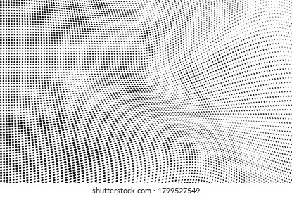 Abstract halftone texture. Chaotic waves of dots. Black and white background