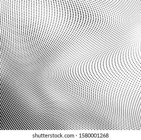 Abstract halftone texture in the form of a wave. Monochrome art background of black dots on white. Vector chaotic pattern. Template for printing and design of business cards, labels, posters