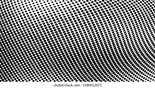 Abstract halftone texture in the form of a wave. Monochrome art background of black dots on white. Vector chaotic pattern. Template for printing and design of business cards, labels, posters