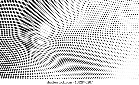 Abstract halftone texture in the form of a wave. Monochrome art background of black dots on white. Vector chaotic pattern. Template for printing and design of business cards, labels, posters