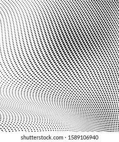 Abstract halftone texture in the form of a wave. Monochrome art background of black dots on white. Vector chaotic pattern. Template for printing and design of business cards, labels, posters