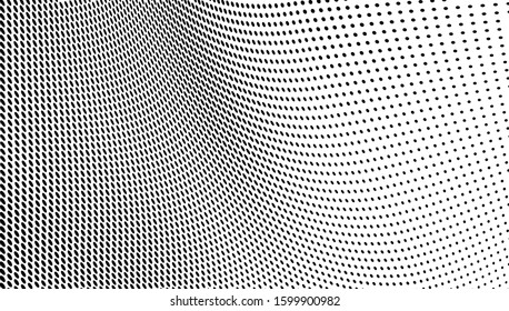 Abstract halftone texture in the form of a wave. Monochrome art background of black dots on white. Vector chaotic pattern. Template for printing and design of business cards, labels, posters