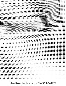 Abstract halftone texture in the form of a wave. Monochrome art background of black dots on white. Vector chaotic pattern. Template for printing and design of business cards, labels, posters
