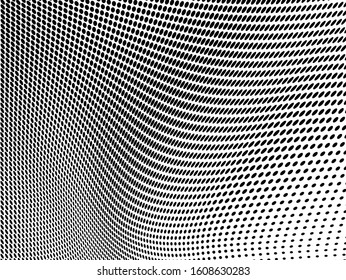 Abstract halftone texture in the form of a wave. Monochrome art background of black dots on white. Vector chaotic pattern. Template for printing and design of business cards, labels, posters