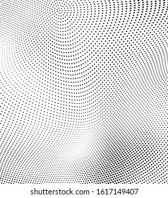 Abstract halftone texture in the form of a wave. Monochrome art background of black dots on white. Vector chaotic pattern. Template for printing and design of business cards, labels, posters