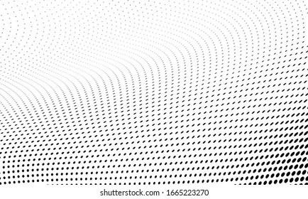 Abstract halftone texture in the form of a wave. Monochrome art background of black dots on white. Vector chaotic pattern. Template for printing and design of business cards, labels, posters