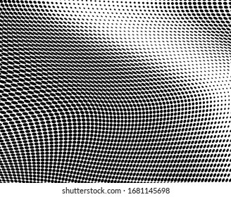 Abstract halftone texture in the form of a wave. Monochrome art background of black dots on white. Vector chaotic pattern. Template for printing and design of business cards, labels, posters