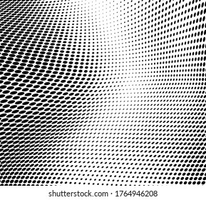 Abstract halftone texture in the form of a wave. Monochrome art background of black dots on white. Vector chaotic pattern. Template for printing and design of business cards, labels, posters