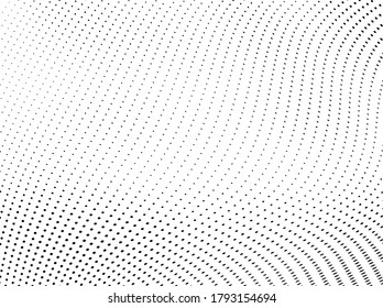 Abstract halftone texture in the form of a wave. Monochrome art background of black dots on white. Vector chaotic pattern. Template for printing and design of business cards, labels, posters