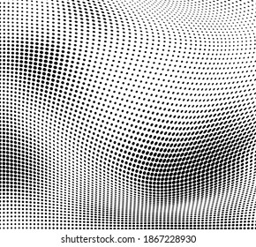Abstract halftone texture in the form of a wave. Monochrome art background of black dots on white. Vector chaotic pattern. Template for printing and design of business cards, labels, posters